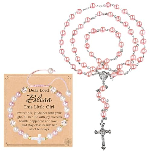 3 Pcs Christening Gifts for Girls Set, Baptism Gifts for Girls, Rosary Necklace Rosary Beads Adjustable Cross Girls Bracelets and Card, Woman Christening Gift(Suitable for people aged 15 and above)