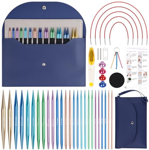 Coopay Interchangeable Circular Knitting Needles Set Metal, 3mm-10mm, Blue | 13 Pairs Aluminum Interchangeable Knitting Needle, Round Knitting Needles with Case & 5 Cables, for Beginners, for Scarves