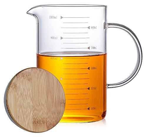 TAMUME 1000ml Misurino in Vetro per Cottura, con Coperchio in Bambù, Misurino per Cucina (1000ml)