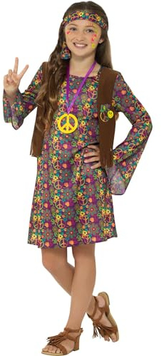 Smiffys Hippie Girl Costume, with Dress, Multi-Coloured Attached Waistcoat, Headband & Medallion, Girls Fancy Dress, Child Dress Up Costumes