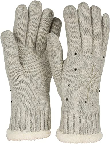 styleBREAKER Damen Strickhandschuhe Schneeflocke | Wärmendes Fleece-Innenfutter gegen Kälte, glitzernde Strasssteine, weiches Bündchen, sehr elastisch für 16-21 cm Handumfang.