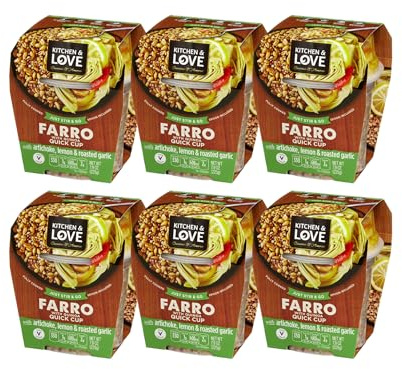 Kitchen & Love Cooked Farro, Artichoke Lemon & Roasted Garlic, Ready to Eat, Quick Cups, Shelf Stable, Non Gmo, Dairy Free, Plant Based, Kosher, Vegan, Vegetarian, 7.9 Oz (6-Pack)