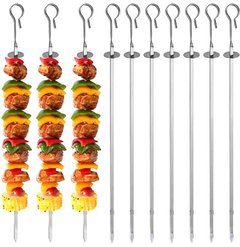 VIBIRIT Lot de 10 pique brochette inox 410-35 cm de long pique brochette- Avec curseur - Réutilisables - Larges pique brochettes plates