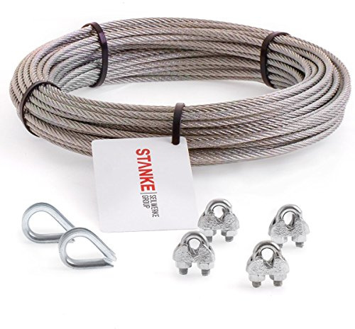 Seilwerk STANKE cuerda de acero inoxidable V4A, 30m cuerda de acero inox 5mm 7x7, 2x gaurdacabo de acero V4A, 4x abrazadera de acero V4A - SET 1