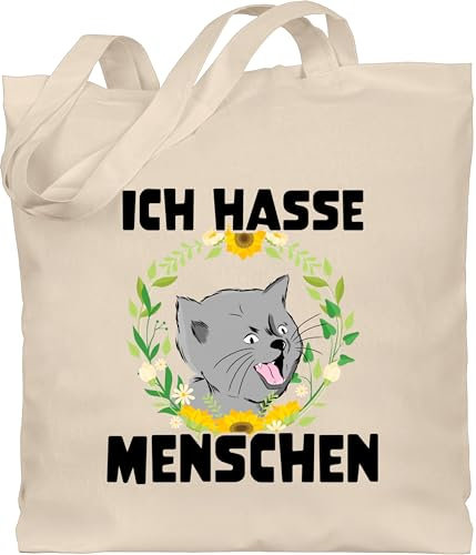 Shirtracer Baumwolltasche - Sprüche Statement mit Spruch - Ich hasse Menschen - Katze - Unisize - Naturweiß - beutel+mit+sprüchen+lustig sprueche katzen beutel jutetasche sprüchen jutebeutel lustiger
