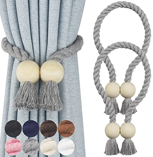 Nieffeiy 2 Pack Magnetic Curtain Tiebacks Cotton Hand Woven Tie Back Decorative Rope Holdbacks for Curtains Draperies No Tools Required, Grey