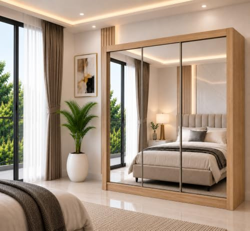 IE INTERIOR EMPORIUM Milan Full Mirror Double Sliding Door Wardrobe (or three in the 250cm size) With Shelves, Hanging Rails and LED Light in 6 Sizes & 4 Colors (250cm, Oak/Sonoma)