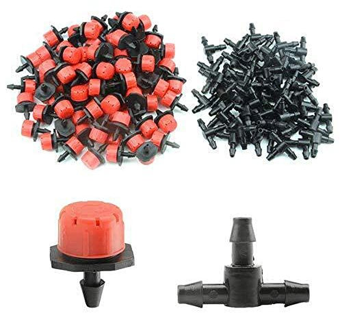 BGTXINGI 100Pcs Gartenbewässerung Kit 8 Löcher Taste Drop einstellbare Strömung Tropfer mit 40Pcs Tee-Anschluss Spray getropft Integral Emitter Düse Sprinkler Bewässerungssystem für Blumengarten