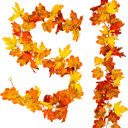 Pelle & Sol 2 Pack Artificial Maple Leaves Autumn Garland | Fake Plants Autumn Decor | Autumn Leaf Garland for Indoor Outdoor Halloween and Christmas Decorations (2 Pack)