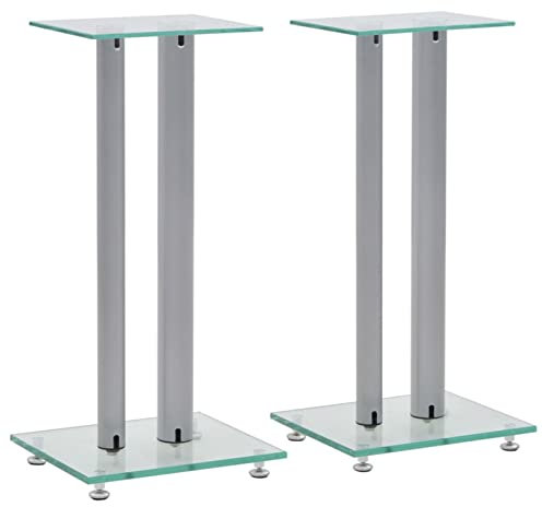 Tidyard Supporti per Altoparlanti 2pz Vetro Temperato a Colonna,Supporto per Cassa da Terra,Coppia di Supporti per Altoparlanti,Stand Casse Desktop Speaker Stands Argento 30x25x61 cm
