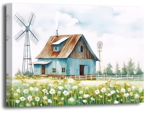 LZIMU Bauernhaus Bild auf Leinwand blaugrün alte Scheune Windmühle und Blumen Leinwandbild modernes Kunstwerk rustikale Landhaus Bauernhof Wanddekoration Gerahmt (30x45cm)