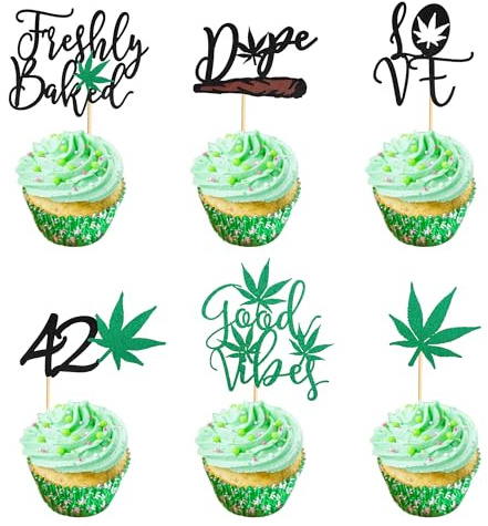 Arthsdite Lot de 24 décorations de cupcakes en forme de feuille de marijuana à paillettes pour cupcakes « Have a Dope 420 »