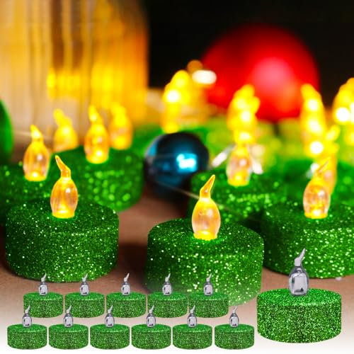 TINYOUTH Lot de 12 bougies chauffe-plat LED vacillantes - Décoration de table - Bougies électriques - Piles incluses - Pour fête de mariage, anniversaire, fiançailles, décoration - Vert scintillant