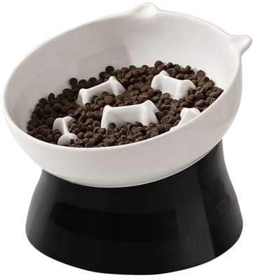 Gamelle Anti-glouton surélevée pour Chat en céramique - Bol Labyrinthe incliné pour Alimentation Lente et Anti-vomissement - Noir et Blanc