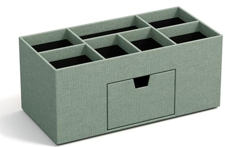 BIGSO VENDELA Schreibtisch Organizer mit 7 Fächern und Schublade – Ablagebox aus Faserplatte und Papier in Leinenoptik – Schreibtischset für Büromaterial – mintgrün