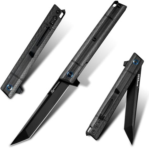 FORESAIL Flipper-Klappmesser, Taschenmesser, taktisches Klappmesser, DC53 Klingenstahl. Mit Messer-Clip und Glasbrecher,Mountain Travel EDC Utility Knife. (Schwarz PVD Klinge und G10 Griff)