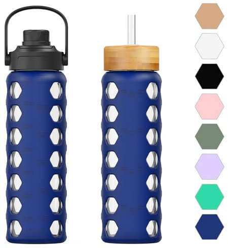 HYDRAGLAZIC 700ML Glass Water Bottle with 2 Flip and Bamboo Straw Lids Sports Water Tumbler with Time Reminder and Silicone Sleeve Leak-proof BPA Free, Blue