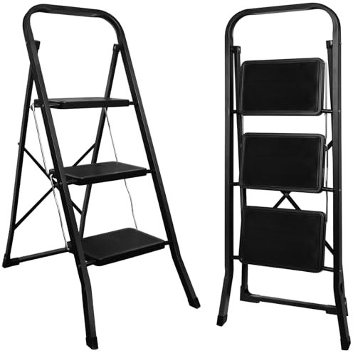 kisidus Scaletta pieghevole Scala 3 gradini antiscivolo portata fino a 150 kg, per lavori in casa e in giardino - nero