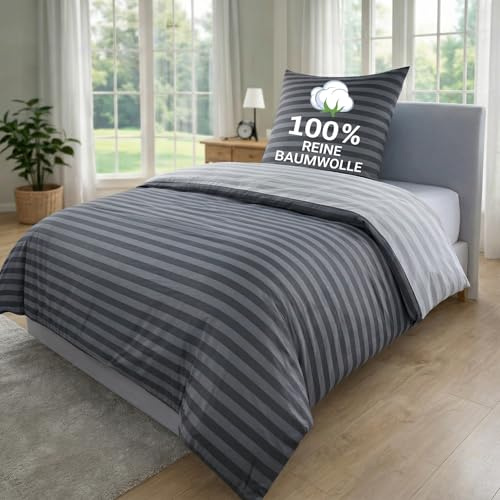MALIKA Bettwäsche 155x220 Baumwolle, 2-teiliges Set, Streifenmuster, Wende Bettbezug 155 x 220 cm, Kissenbezug 80x80 cm, Renforcé, atmungsaktiv, maschinenwaschbar, Grau