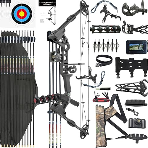 CENWTY Bågskytte Compoundbåge Set PRO 20-70 LBS, Draglängd 24”-30”, upp till IBO 320 fps, Jakt Compoundbåge med alla tillbehör för bågskytte jakt målskytte övning (Svart Högerhänt)