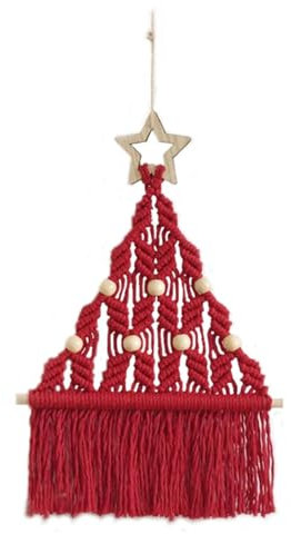 WABMJGW 2 Stück Makramee-Weihnachtsbaum-Wandbehang im Boho-Stil, handgewebte Quaste, fertiges Makramee-Set, Baumwollseil, Weihnachtsbaum, Kunsthandwerk, Wandteppich, Dekoration,Red