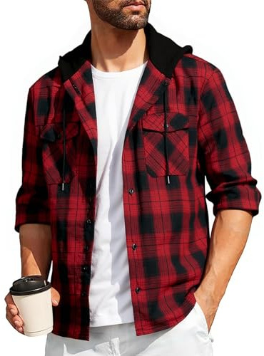 SwissWell Holzfällerhemd Herren Hemd Kariert Langarm Hemdjacke Männer Flanellhemd mit Kapuze Outdoor Holzfäller Jacke Tiefrot 3XL
