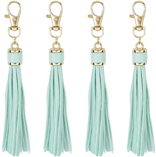SUNNYCLUE 1 Box 4 Stück Schlüsselanhänger Quaste Charms Kunstleder Quaste Charm Bulk Grün Kunstleder Anhänger mit Legierung Karabiner Drehverschluss für DIY Handtasche Schlüsselanhänger Handwerk