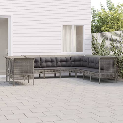WEMYUFURN 9-TLG. Garten-Lounge-Set mit Kissen Grau Poly Rattan, Outdoor-Sitzgruppe, Terrassen-Lounge-Set, Garten-Couchgarnitur - Wetterbeständig, Komfortabel - für Terrasse, Garten und Balkon