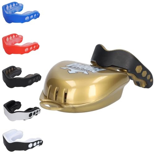 BUDDHA FIGHT WEAR Protector bucal FUTURE adultos y niños +12 Años para todos los deportes de contacto, incluidos rugby, MMA, kickboxing, judo, hockey y boxeo (Dorado-Negro)