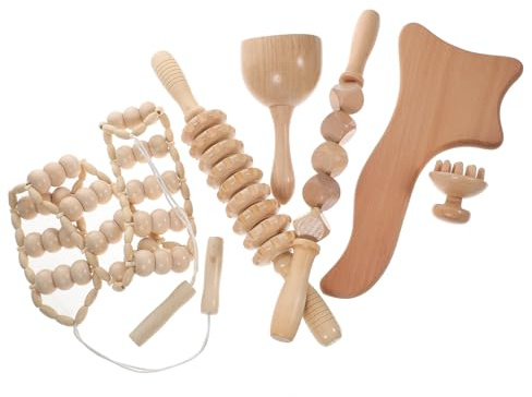 PLAFOPE 6 Stück Holz Massage mit Glatten Massagerollen und Konturbrett Manuelle Muskelroller für Rücken Nacken Beine Vielseitig zur Faszien und Entspannungsmassage für Frauen und Männer