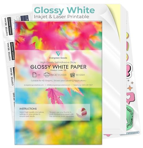 Evergreen Goods Etikettenpapierbögen, A4, Weiß, glänzend, 500 Blatt | Selbstklebendes Klebepapier – Erstellen Sie individuelle, selbstklebende Aufkleber, Etiketten und mehr