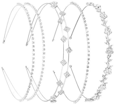 4pcs Silver Rhinestone Headbands for Women Bridal Crystal Headpiece Sparkly Flower Girl Headband Flower Leaf Tiara Crown Head Band Metal Double-layer Hair Hoop Shiny Hair Band Wedding Tiara Prom Gift