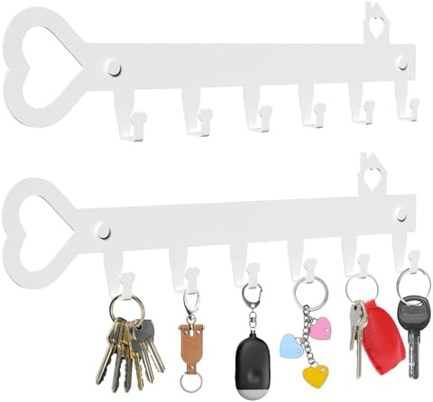 GENHH 2 Stück Schlüsselbrett, Schlüsselhalter Wand in Herzform Weiß | Schlüsselbrett Ohne Bohren mit 6 Haken, Schlüsselleiste mit Drei Installationsmethoden Schlüsselhaken für Flure Badezimmer