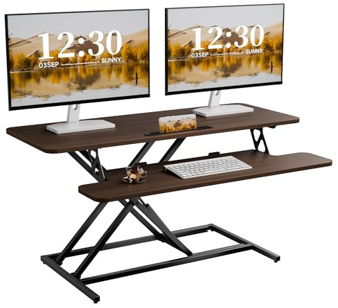 ERGOMAKER Stehpult Höhenverstellbarer Schreibtischaufsatz, Schreibtisch Erhöhung 101 X 40CM mit Zwei Monitoren Tastaturablage Schwarzwalnuss