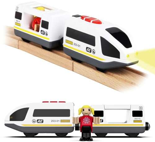 DxxD Trenino Elettrico per Bambini, Trenino Legno Giocattolo Bambini, Treno Intercity Suono e luce con Figure per Ferrovia, Locomotiva ad Azione a Batteria Compatibile con Thomas Brio, 3+ Anni, Bianco