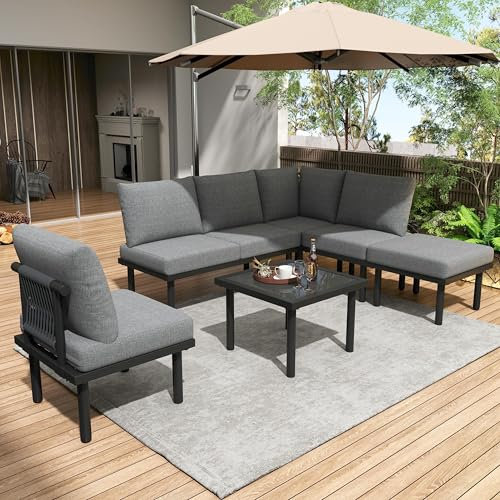 Gartenlounge Set für 5-6 Personen, Gartenmöbel Balkonmöbel, Outdoor Lounge-Set Sitzgruppe mit Kissen und Couchtisch, verstellbare Füße, Gartenmöbel-Set aus Seil für Garten Balkon und Terrasse (Grau)