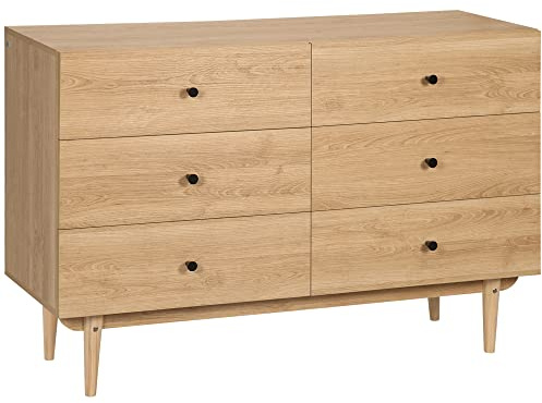 HOMCOM Commode 6 tiroirs, Meuble de Rangement avec Pieds en Bois Massif, Finition Bois veiné, 120 x 40 x 80 cm, Marron Clair