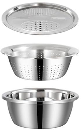 Edelstahl Reibe Schüssel Set 3 in 1 Multifunktionales Edelstahlbecken mit Nudelsieb, 28cm Rostfreie Colander Set, Küchenreibe Abflusskorb und Behälter Schüssel für Raspeln, Teigkneten & Backen