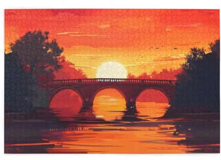 Puzzle de 1000 pièces Hytter Bridge Coucher de soleil Rivière Paysage Motif éducatif intellectuel en bois Puzzles amusants Jeu anti-stress
