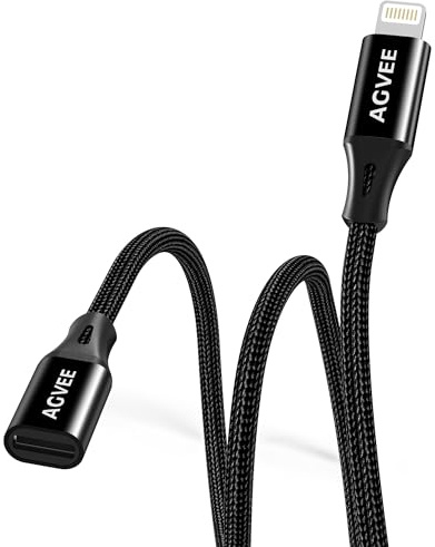 AGVEE 1ft Lightning Extension Cable, Braided Female to Male Extender Full Function Cord Compatible with iPhone iPad, Data Sync Video Audio & Charging Connector Adapter, Black