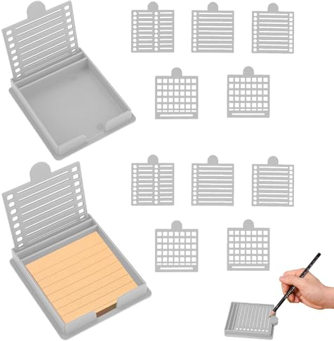 Haftnotiz-Schablone,2 Stück Haftnotiz-Halter mit 10 Schablonen,10,8×9×1,5 cm,Kunststoff-Notizlinien-Schablone und -Halter,Wiederverwendbarer Haftnotiz-Spender-Organisator für Büro und Zuhause(Grau)