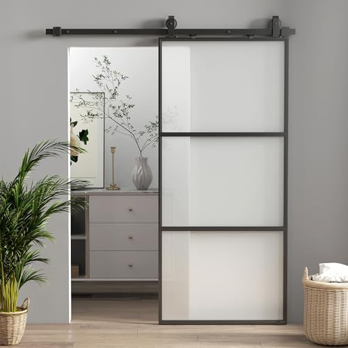 HOMCOM Set completo con porta scorrevole in vetro con chiusura morbida, 91 x 203 cm, montaggio a parete, sistema di porte scorrevoli con binario, porte interne, set completo per porte scorrevoli
