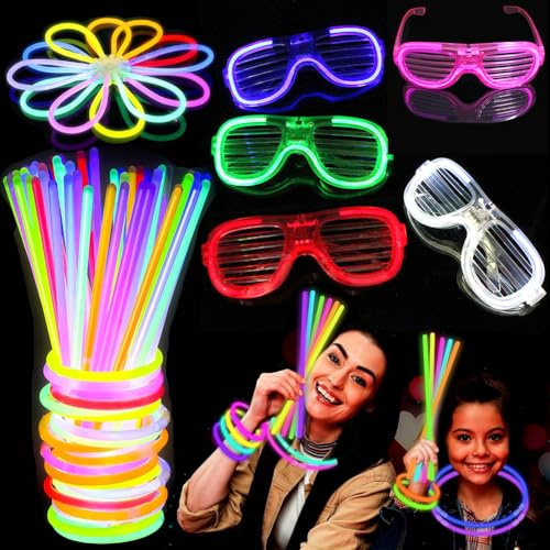 Varillas luminosas, 205 piezas que brillan en la oscuridad, suministros de fiesta multicolores, rellenos de bolsas de fiesta, recuerdos de fiestas, paquete de fiestas con lentes LED para niños