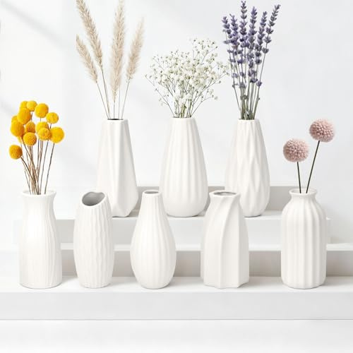 JBER 8 Kleine Vasen Deko Satz - 13cm Weiße Blumenvase Matte Keramik Vase für Pampasgras, Trockenblumen, Modernes Boho Skandinavische Home Dekor Vase, für Haushalts- und Hochzeitstisch-​ Dekoration