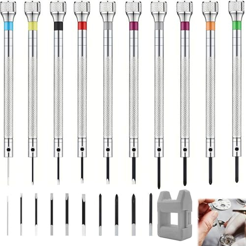 Arvoni 21pcs Watch Screwdriver Set, Watchmakers Screwdriver Set, 0.6-2.0mm Precision Screwdriver Kit with 10 Replacement Heads and 1 Demagnetizer for Watch Eyeglasses Clocks Jewelry Repair