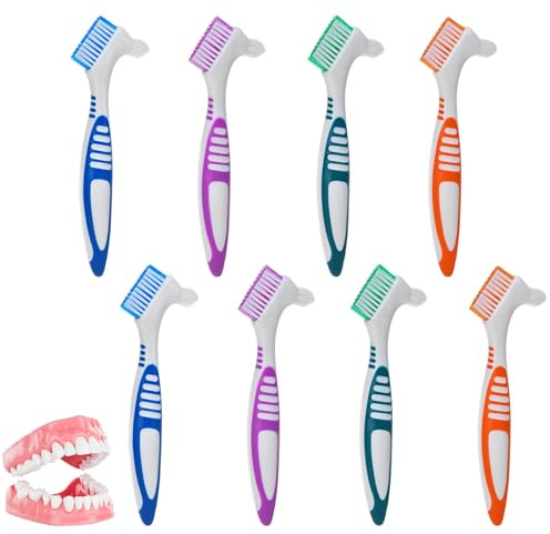 Soiftra Lot de 8 brosses à dents double face pour prothèses, brosses de nettoyage des prothèses, poils multicouches, poignée ergonomique en caoutchouc pour prothèses dentaires, nettoyage des prothèses