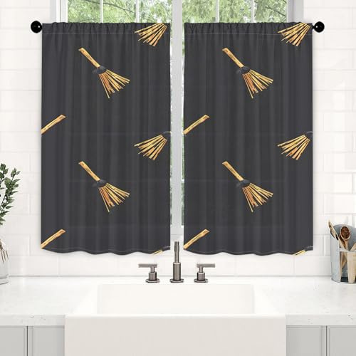 Odot 2 Pannelli Tenda Corta per Finestra Cucina, Tende da Bistrot Cucina Mantovane Corte per Decorazione Interni Finestre Piccole Soggiorno Camera da Letto Bagno (Scopa nera,60x45cm)