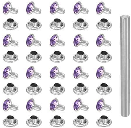 sourcing map 100pcs Crystal Rivets 6mm Rhinestone Rapid Stud Rivets with Steel Installation Tool for Clothing Leather Fabric Arts Decoration Leathercraft DIY, Silver Purple