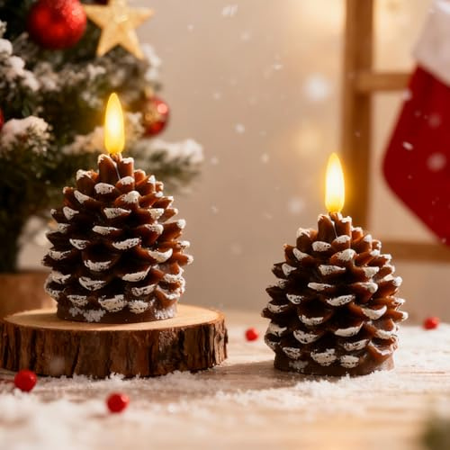 Nexoria Lot de 2 bougies LED en forme de pommes de pin 3D - Bougies sans flamme - Fonctionne avec piles - Pour décoration de la maison - Décoration de table (A)