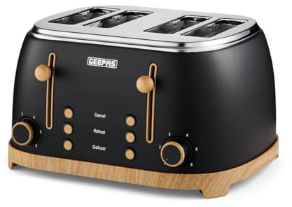 GEEPAS NordiQ 4 Slice Toaster | Matte Finish with Wood Accents | 6 Browning Levels Defrost Reheat & Cancel | Dual Control High Lift Removable Crumb Tray Cord Storage 2 Year Warranty 1500W Black